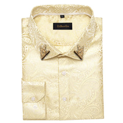 Men's Patterned Brocade Shirt with Gold Crown Collar Accents: Perfect for Luxury Galas, Formal Weddings
