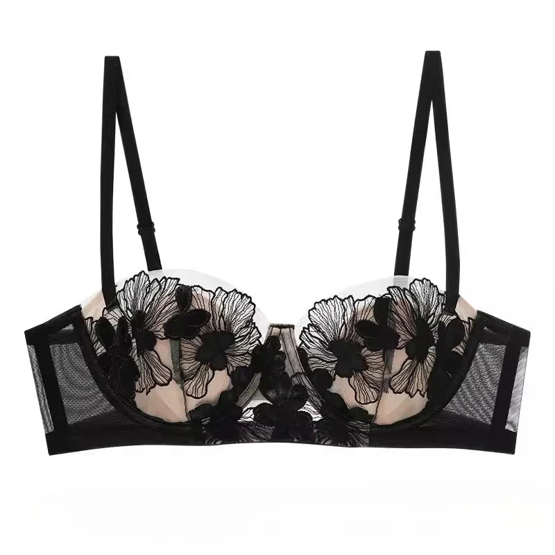 Rabbit Ears Big Chest Small Thin Bra French Underwear Soft Underwire Sexy European and American Embroidery Bra Set for Women SHOWLU FASHION STORE