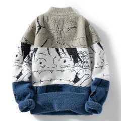 Mink Plush Thickened Round Neck Sweater New Men's Autumn Winter Loose Print Patchwork Fashion Knitted Sweater Long Sleeved Tops