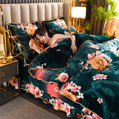 Winter Warm Coral Velvet Bedding Sets Home Double-Sided Thickened Flannel Four-Piece Set Quilt Cover Sheet Milk Velvet Bed Skirt SHOWLU FASHION STORE