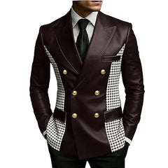 Men’s Brown Leather Blazer With Houndstooth Sides Vintage Two-Tone Double Breasted Slim Fit Gold Buttons Leather Tuxedo Jacket