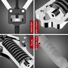 A close-up collage showing the adjustable carbon steel spring and non-slip grip of a hand exerciser.