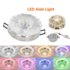 A modern recessed crystal LED ceiling light shown with various colorful lighting effects.