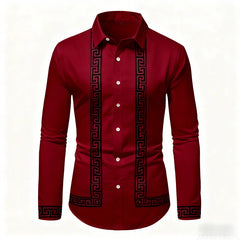 Men's Retro Geometric Print Long-Sleeve Shirt, Stylish Black and White Color-Blocked Slim Fit Shirt, Casual and Versatile Top