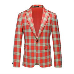 A single-breasted men's blazer in a red and light green plaid pattern.