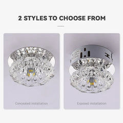 Two styles of crystal LED ceiling lights shown with concealed and exposed installation options.