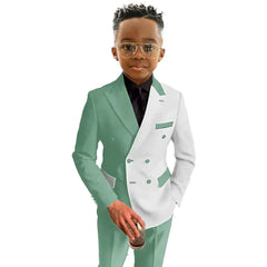 A boy wears a two-tone green and white double-breasted suit with a black shirt and tie.