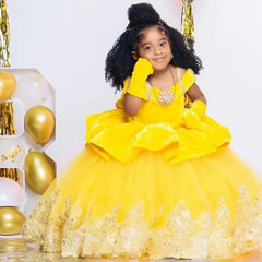 Yellow Flower Girl Dresses For Wedding Lace Appliques Tulle Puffy Princess Girl Birthday Dresses for Photoshoot Customized