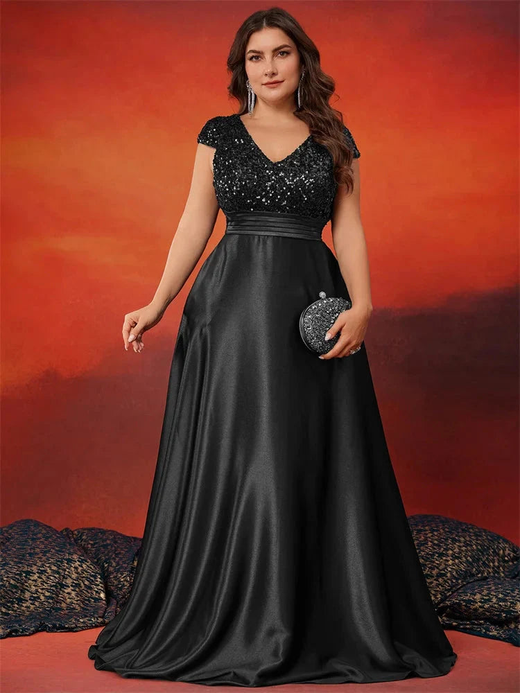 XUIBOL Plus Size Elegant V-Neck Green Sequin Evening Dress Long Luxury Women Satin Short Sleeves Party Prom Cocktail Dress SHOWLU FASHION STORE