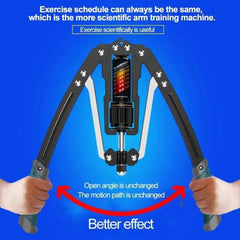A hydraulic arm exerciser with adjustable resistance settings held by two hands.