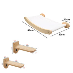 A wall-mounted cat hammock and two wooden steps with dimensions labeled in centimeters.