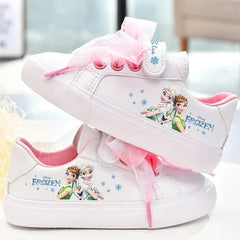Disney Girls Frozen Princess White PU Leather Bow White Casual Shoes Non-slip Soft Bottom Sports Casual Shoes For Girl Size 23-3 SHOWLU FASHION STORE