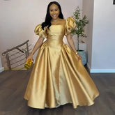 Puff Sleeve Elegant Dress for Women's Square Collar Gold Solid Pleated A-line Evening Party Cocktail Long Dresses