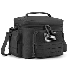 A black tactical insulated lunch bag with a shoulder strap and an American flag patch on the front.