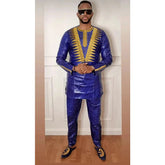 H&D New African Clothes for Men Tradition Clothing Embroidery Blue 2 Pcs Set Top Pant Bazin Muslim Wedding Party Dashiki