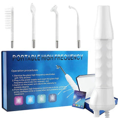 A portable high frequency skin therapy wand with four glass electrode attachments and a storage box.