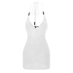 hirigin Women Backless Halter Mini Dress Casual Summer Knit Crochet Cutout Bodycon Party Dress for Beach Club Streetwear