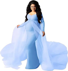 Deep V-neck lace maternity dress by Showlu Fashion with tulle fabric, long sleeves, feather details, and hollow horn design.