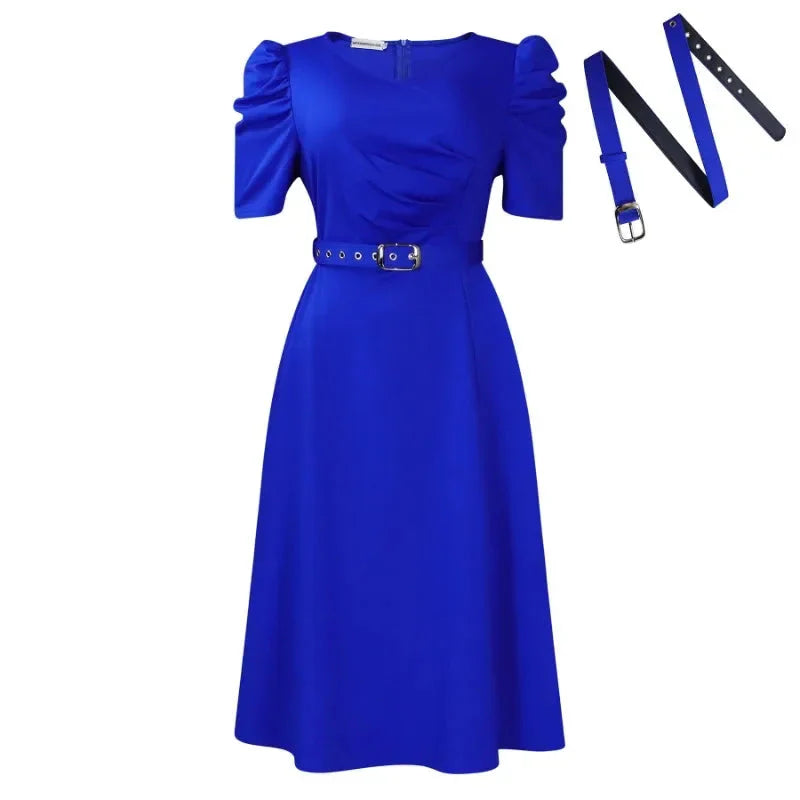 A royal blue A-line midi dress with short puff sleeves, a V-neck, and a matching buckled belt.