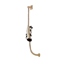 A wall-mounted sisal climbing rope for cats with a wooden mounting bracket.