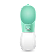 A portable mint green pet water bottle with an attached drinking bowl and a clear plastic base.