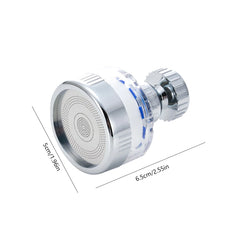 A chrome and clear plastic kitchen faucet aerator with a 360-degree swivel design.