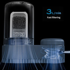 A faucet-mounted water purifier with a transparent filter housing showing two layers of media.