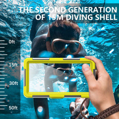 A hand holds a bright yellow waterproof phone pouch underwater while a diver swims in the background.