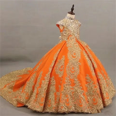 JDY Custom Girls' Sleeveless Ball Gown with Intricate Gold Lace Embroidery & Long Train - Elegant Princess Dress for Special Occ