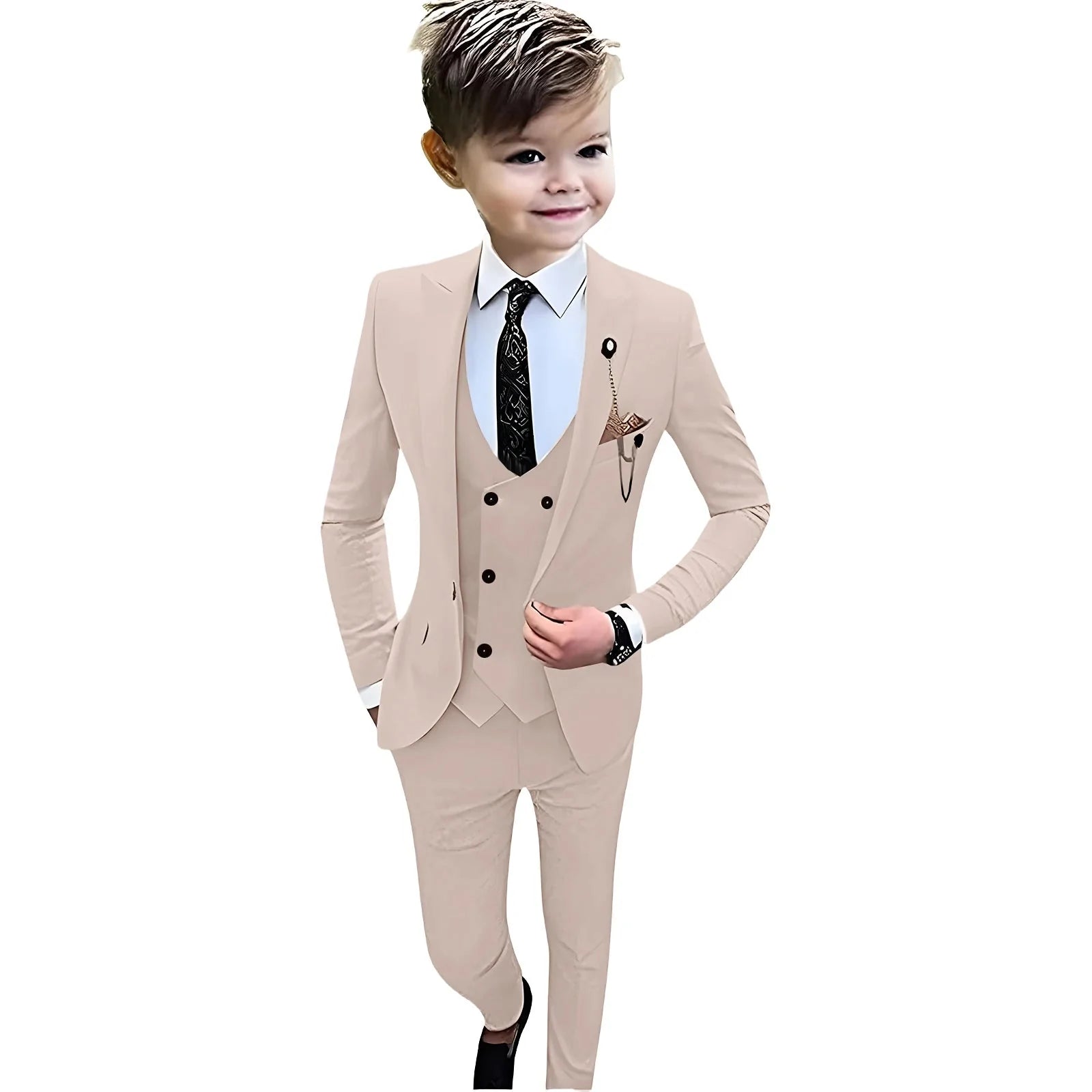 A young boy wears a beige four-piece formal suit set including a jacket, vest, pants, and tie.