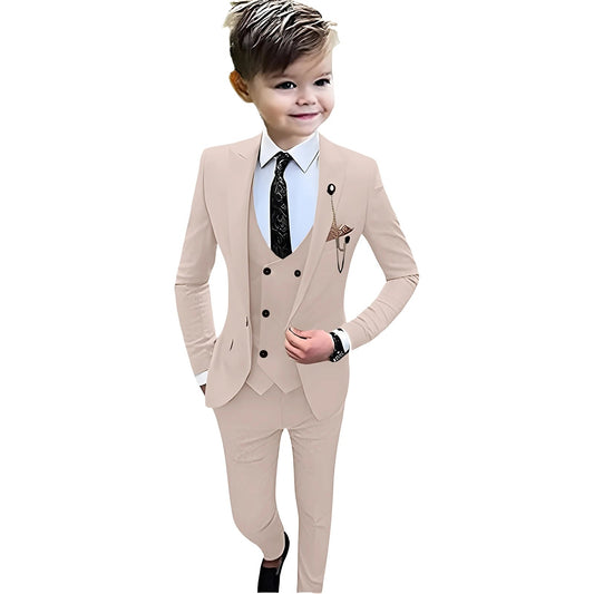 Beige Boy's Formal Suit Set, 4 Pieces Regular Fit Kids Smart Prom Suits, Jacket Vest Pants Tie Classy Solid Tuxedo For Wedding SHOWLU FASHION STORE