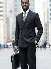 A man wears a black double-breasted suit with multiple buttons and a white dress shirt.