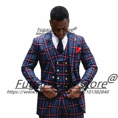 Customized French style Plaid Male Party Blazers Slim Fit Peak Lapel Classic Men Suits Business Groom Man Tuxedos Costume Homme