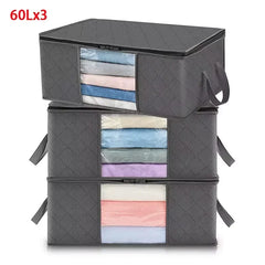 Three grey foldable storage boxes with clear windows stacked vertically.