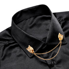 Hi-Tie Long Sleeve Mens Shirts Silk Brown Solid Lapel Green Black Red Beige Purple Pink Slim Fit Shirt Wedding Business Formal