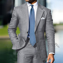 Blue Linen Single Breasted Men Suit Two Pieces(Jacket+Pants) Outfits Casual Party Prom Wedding Set