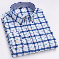 Men's 100% Cotton Smart Casual Shirt Long Sleeve Plaid Oxford Casual Solid Color Print Regular Fit Dress Shirt Oversized 6XL