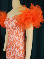 Tulle Flower Dresses Women Party Evening Ruffles Short Sleeve Retro Vintage Midi Event African Gowns Printed Outfits 2024