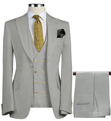 A light gray three-piece men's suit featuring a double-breasted vest, blazer, and matching trousers.