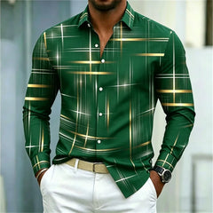 2026 men's shirt with fashionable printed lines, checkered long sleeved shirt, lapel, slim fit, business casual men's shirt