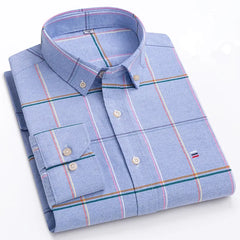 Men's 100% Cotton Smart Casual Shirt Long Sleeve Plaid Oxford Casual Solid Color Print Regular Fit Dress Shirt Oversized 6XL