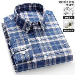 100% Pure Cotton Oxford Men's Shirts Long Sleeve Plaid Soft Regular Fit Formal Dress Shirt Social Blouse Male Clothes 6XL 7XL