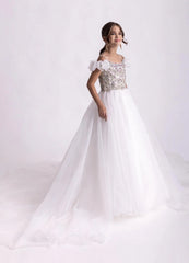 Snvdzo Off Shoulder 3D Flower Sleeve Pageant Dress Crystal Beaded Bodice Flower Girl Dress For Wedding Pageant Birthday Party