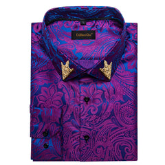 Men's Patterned Brocade Shirt with Gold Crown Collar Accents: Perfect for Luxury Galas, Formal Weddings