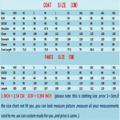 A size chart for a men's two-piece suit showing measurements in centimeters for coat and pants.