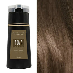 A bottle of Nova light brown hair dye shampoo next to a swatch of light brown hair.