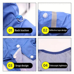 A blue dog raincoat featuring a back D-ring, reflective tape, snap buttons, and mesh lining.