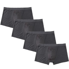 A set of four dark gray men's boxer briefs made from breathable mesh fabric.