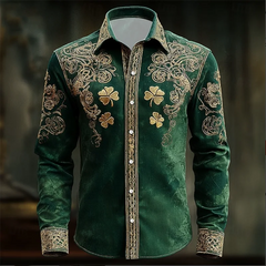 New men's floral long sleeved shirt with gold 3D clover print, fashionable and luxurious long sleeved shirt top