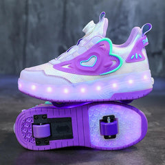 Children Two Girls Wheels Luminous Glowing Sneakers Heels Pink Led Light Roller Skate Shoes Kids Led Shoes USB Charging Fashion SHOWLU FASHION STORE